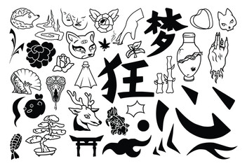 Set Japanese wave, snake, anime, cat, tribal, water oriental tattoo silhouette style vector illustration.