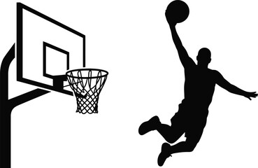 Basketball player silhouette performing slam dunk with basketball hoop illustration