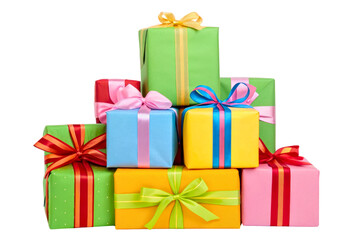A festive pile of colorful wrapped gift boxes isolated with transparent background