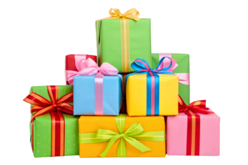 A festive pile of colorful wrapped gift boxes isolated with transparent background