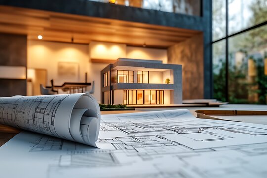 Architectural Blueprints with House Model and Modern Interior Background in Natural Light