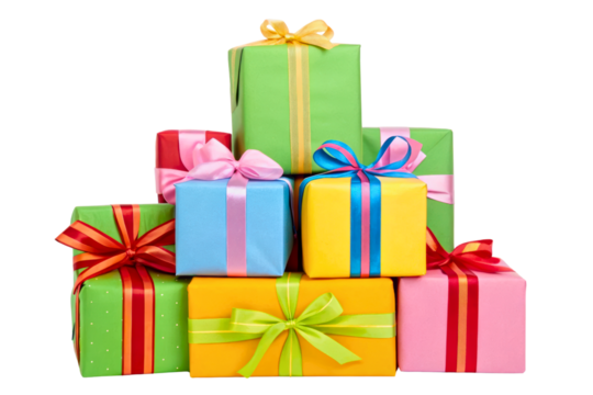 A festive pile of colorful wrapped gift boxes isolated with transparent background