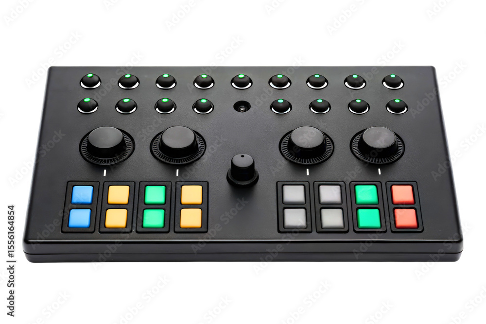 Poster portable audio mixer with knobs and colored pads isolated with transparent background