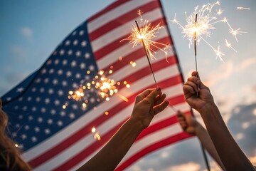 Hands holding sparklers with American flag in background celebrating Independence Day