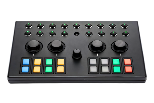 Portable audio mixer with knobs and colored pads isolated with transparent background