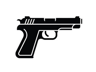 A minimalist black silhouette illustration of a handgun on a white background