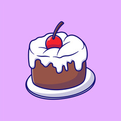 Cartoon Chocolate Cake with Cream and Cherry – Cute Dessert Vector Illustration