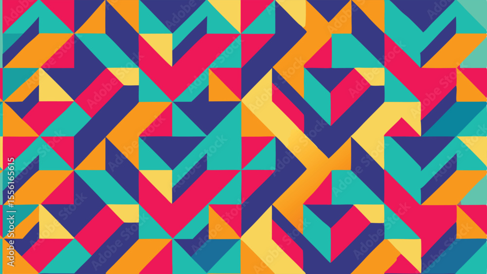 Poster geometric pattern with interlocking shapes in teal pink yellow and blue abstract background