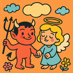 Devil and angel. Cute vector doodle illustration