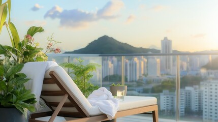 Fototapeta premium A luxurious rooftop pool with modern lounge chairs and rolled white towels