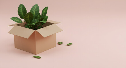 A green plant in a brown cardboard box sits on a soft pink surface. The plant offers a sense of new life and growth