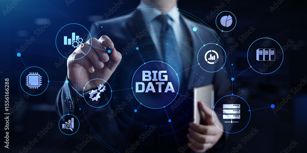 Poster big data analysis analytics internet technology concept. businessman pressing button on screen.