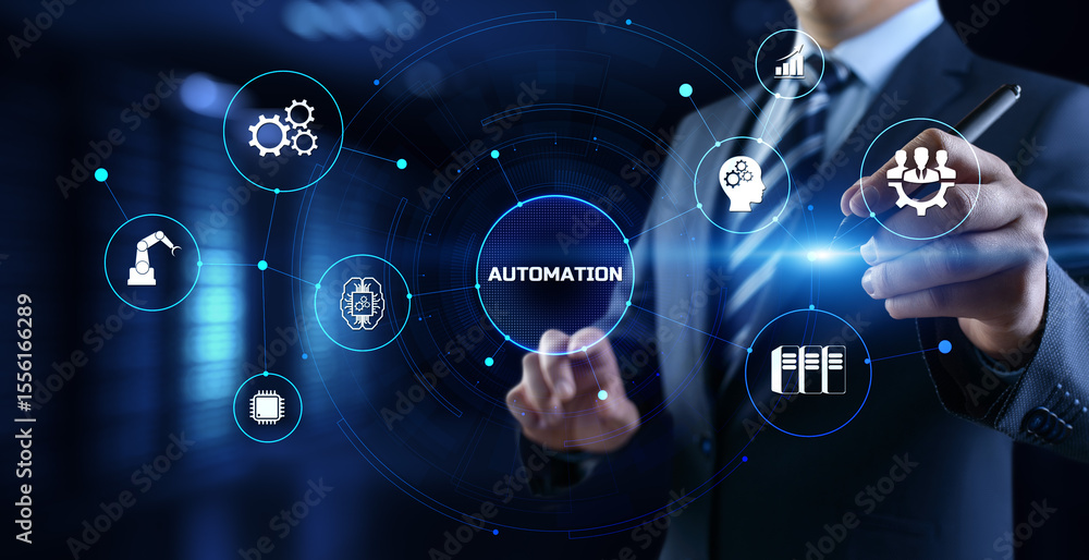 Poster automation innovation technology concept. businessman pressing button on screen.