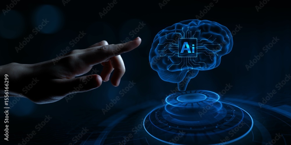 Poster ai brain visualization in digital transformation, machine learning, data processing, and business te