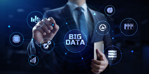 Big Data Analysis Analytics internet technology concept. Businessman pressing button on screen.