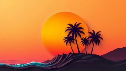Vintage-style 3D poster with an embossed retro wave sun, palm trees, and gradient sky.
