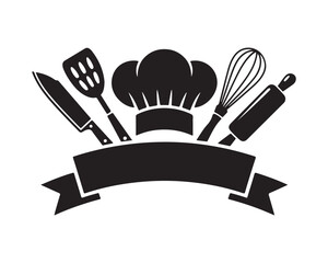 Black and white chef's hat with kitchen tools and banner vector illustration