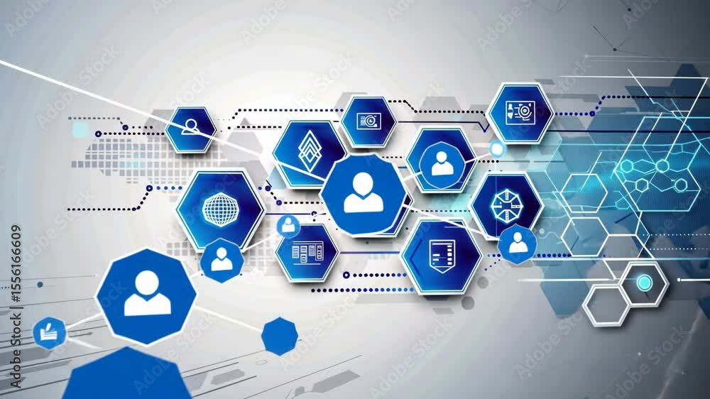 Poster abstract ai neural network concept featuring blue hexagons and icons on a clean white background