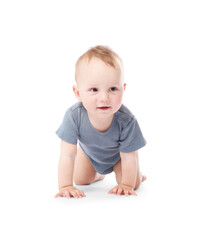 Cute little baby crawling on white background