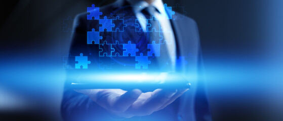 Business Strategy and Global Collaboration Concept with Digital Puzzle Integration.