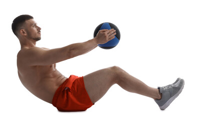 Man exercising with medicine ball on white background