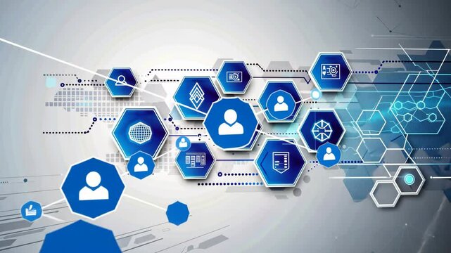 Abstract AI neural network concept featuring blue hexagons and icons on a clean white background