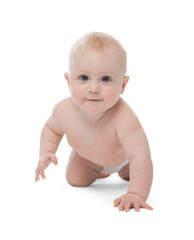 Cute little baby crawling on white background