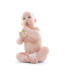 Cute little baby with rattle on white background