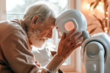 Elderly man gently interacting with humanoid AI caregiver robot warm living room emotional realism future elder care soft light calm expression