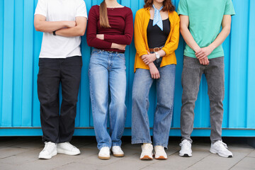 Group of teenagers near building outdoors, closeup