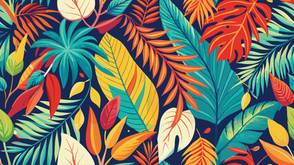 Vibrant tropical foliage pattern with red orange yellow teal leaves on dark blue tropical leaves
