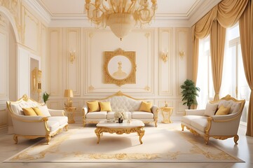 Elegant Cream and Gold Living Room in Grand Palace Interior