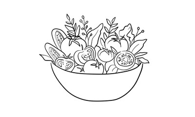 Vegetable salad, cucumbers, tomatoes, continious line drawing. Helthy food outline. Vector illustration isolated on white background