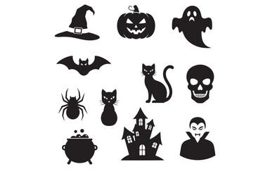Silhouette Halloween Icon Set – Spooky Vector Symbols of Pumpkins, Ghosts, Bats, and Haunted Elements