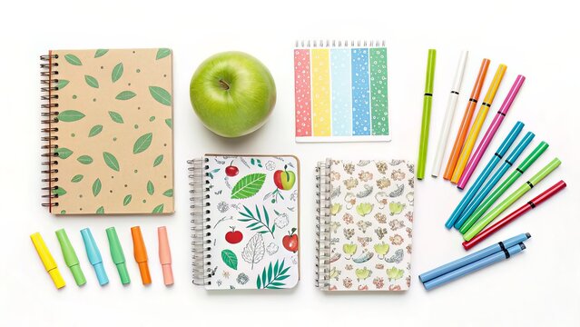 An arrangement of school supplies including a green apple, notebooks, and colorful pens on white background.