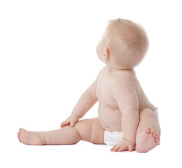 Cute little baby in diaper on white background