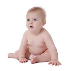 Cute little baby in diaper on white background