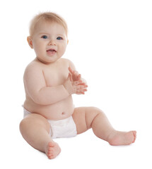 Cute little baby in diaper on white background