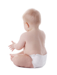 Cute little baby in diaper on white background