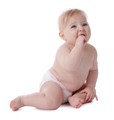 Cute little baby in diaper on white background
