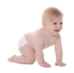 Cute little baby in diaper on white background