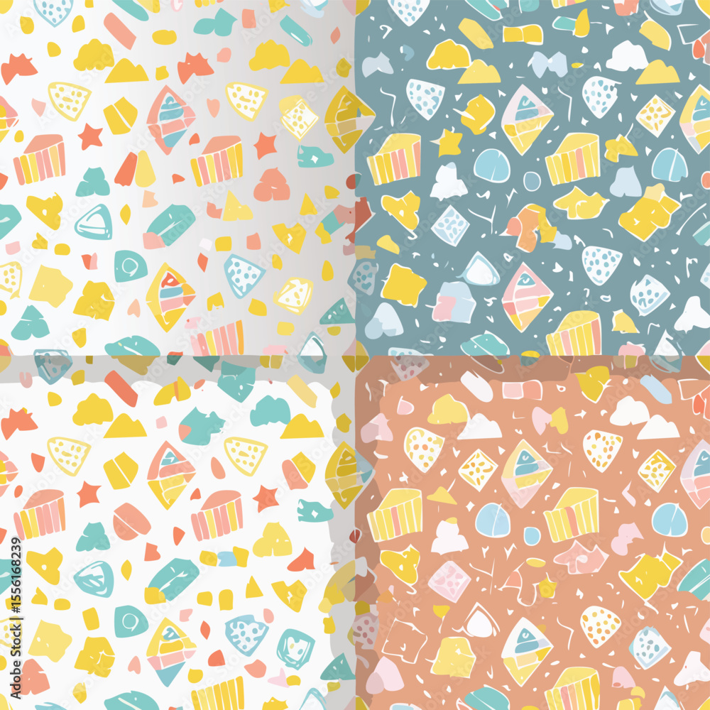 Poster four seamless patterns with abstract shapes and pastel colors background texture