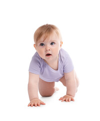 Cute little baby crawling on white background