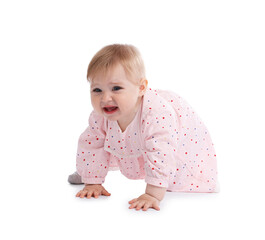 Cute little baby girl crying on white background