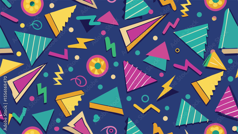 Poster retro 80s memphis style geometric pattern with triangles and zigzags 1980s abstract