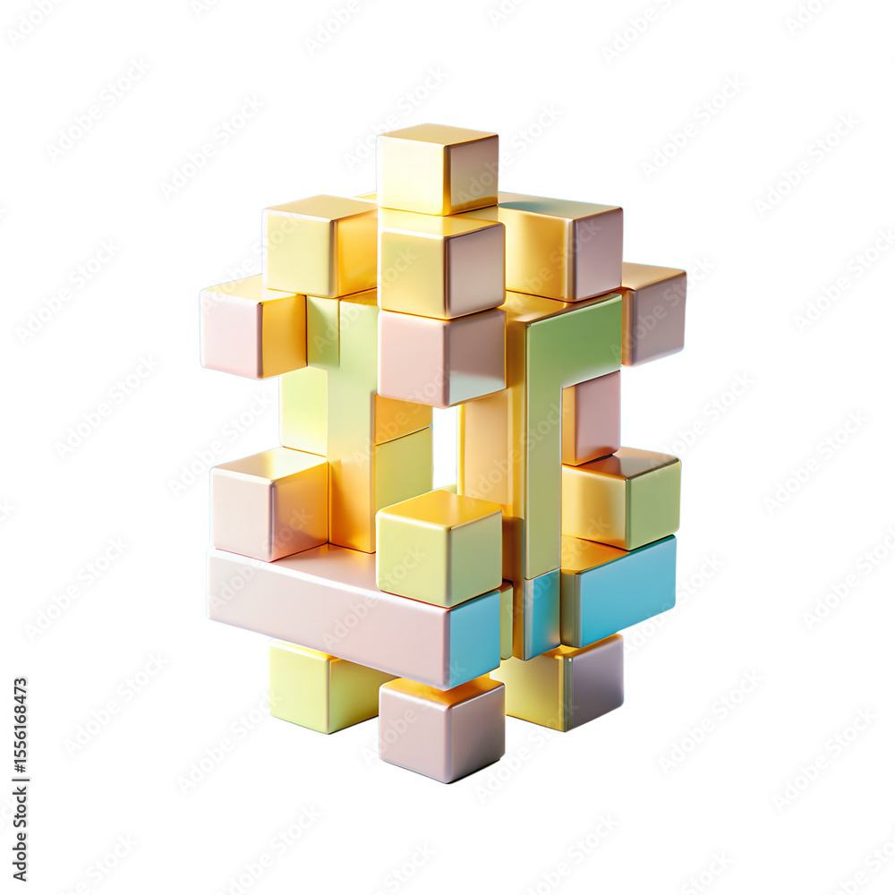 Poster a colorful 3d rendering of interlocking pastelcolored blocks, isolated on transparent background