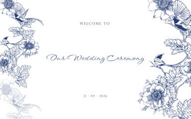 Hand Drawn Flycatcher Bird Surrounded by Anemone Flowers and Leaves Welcome to Our Wedding Template
