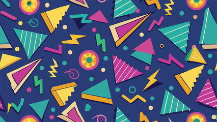 Retro 80s Memphis style geometric pattern with triangles and zigzags 1980s abstract