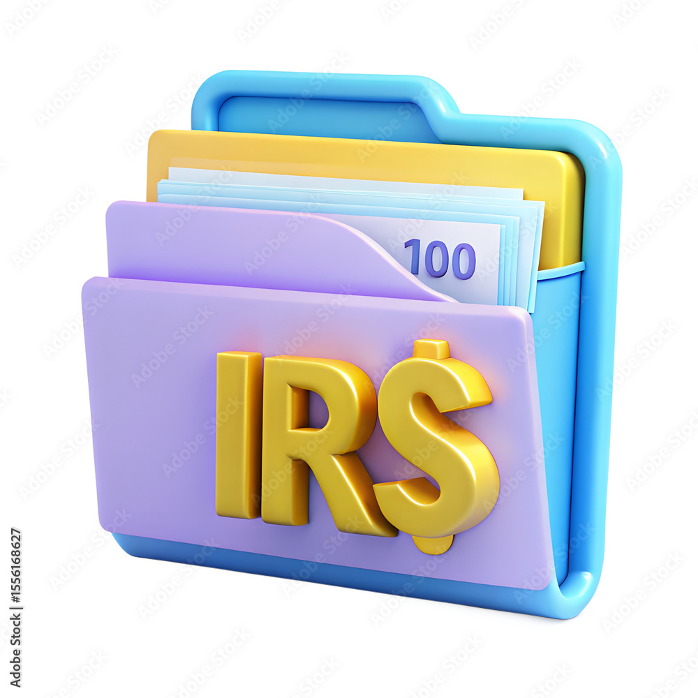 Poster a 3d rendering of a folder icon with brazilian real currency and irs text, isolated on transparent b