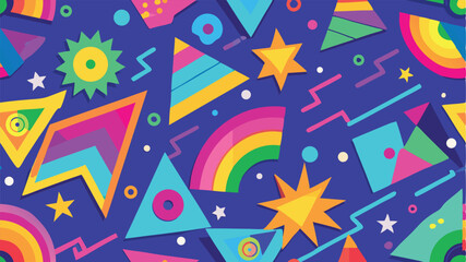 Vibrant geometric shapes and rainbow arcs on a dark blue background abstract pattern